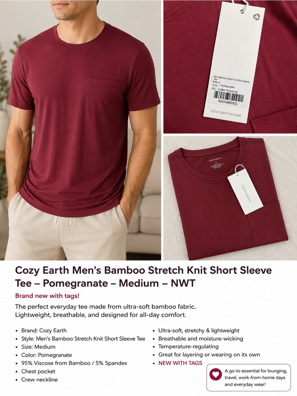 NWT Cozy Earth Men’s Bamboo Short Sleeve Pocket Tee — Pomegranate Red - Medium